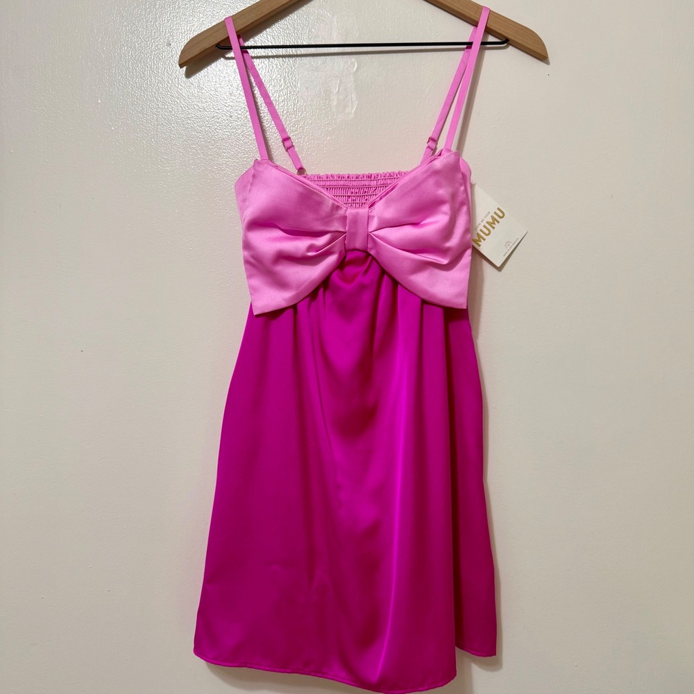 Show Me Your Mumu Best Bow Mini Dress Pink Fuchsia Satin Coquette Small NWT